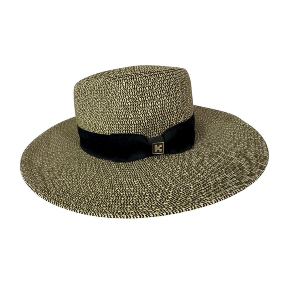 Karen Keith Women's L Woven Wide Brim Ribbon Embellished Sun Hat Tan‎ EUC